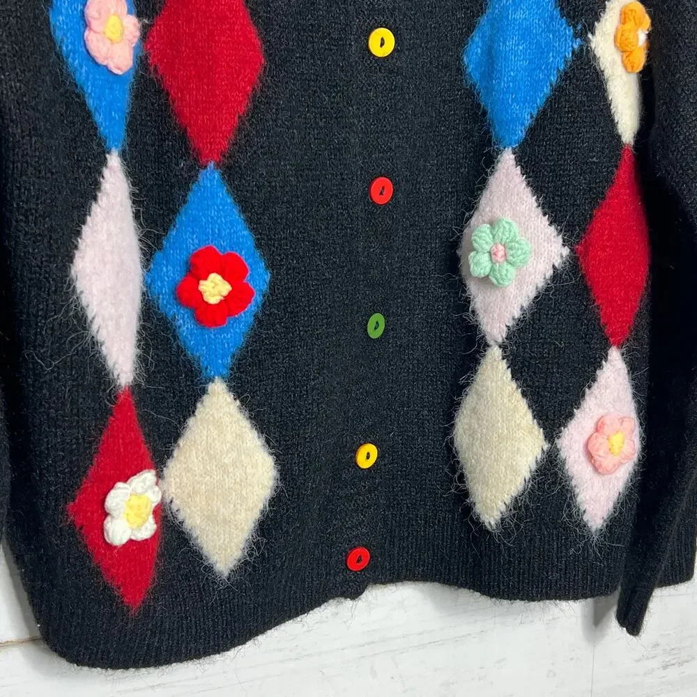 POL Argyle Diamond Floral Cardigan Black Knit Button Front Sweater Size Small